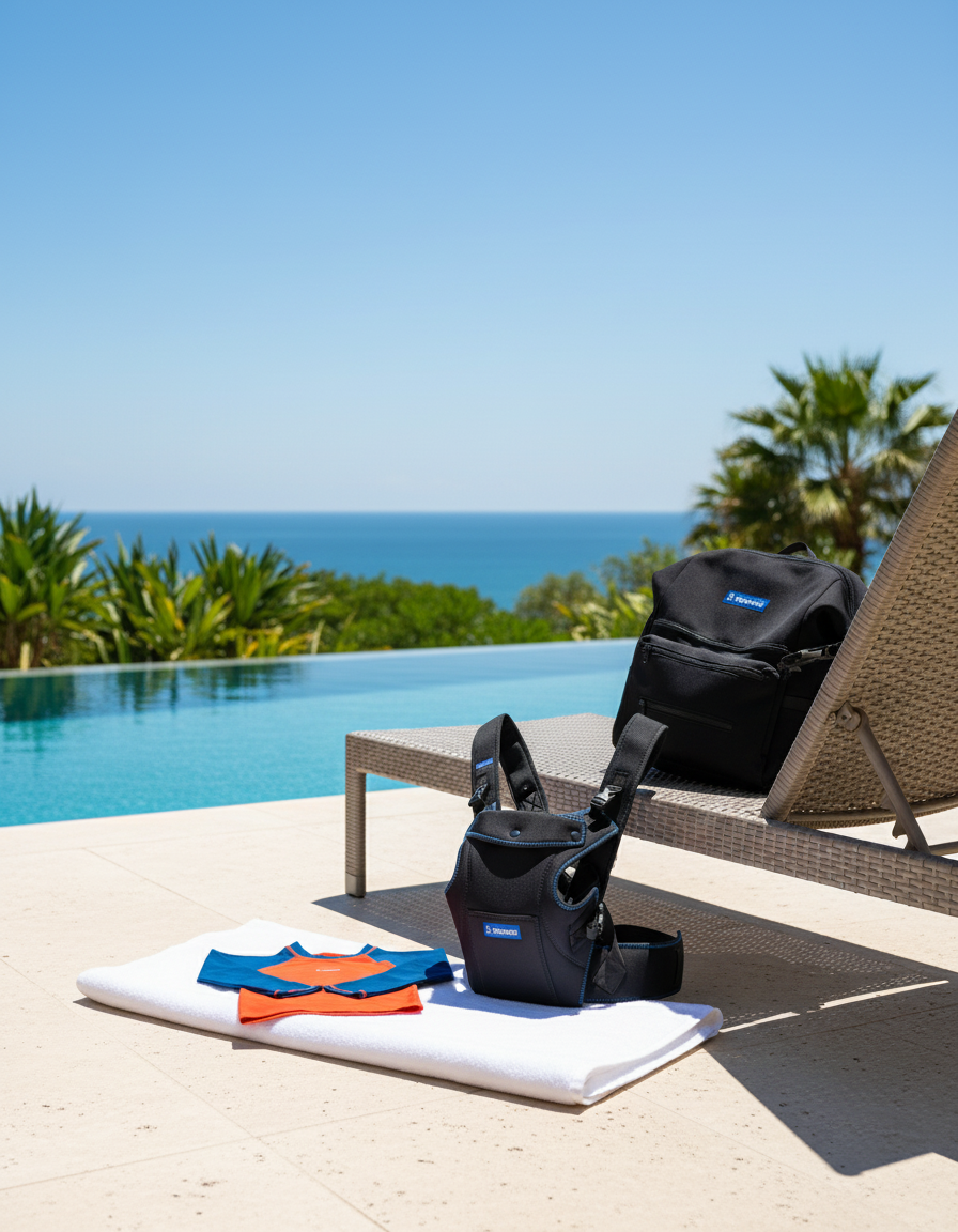 can you add a nice background by a pool with a bright sun and blue skies?