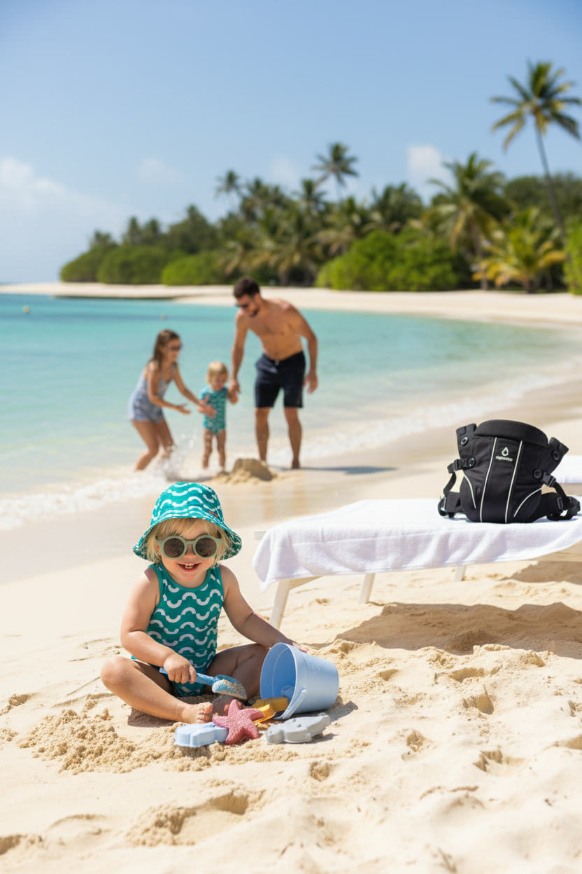 Can you use the AquarooBabyCarrier.com website to grab the product images for the Aquaroo Baby Carrier, Aquaroo infant swimsuit, Aquaroo Sunglasses, and Aquaroo Bucket Set. With a  cute two-year old wearing the Aquaroo Infant Swimsuit, Aquaroo Toddler hat and sunglasses? The child should be next to a beautiful beach with their family in the background. The Baby Carrier should be on a lounger.