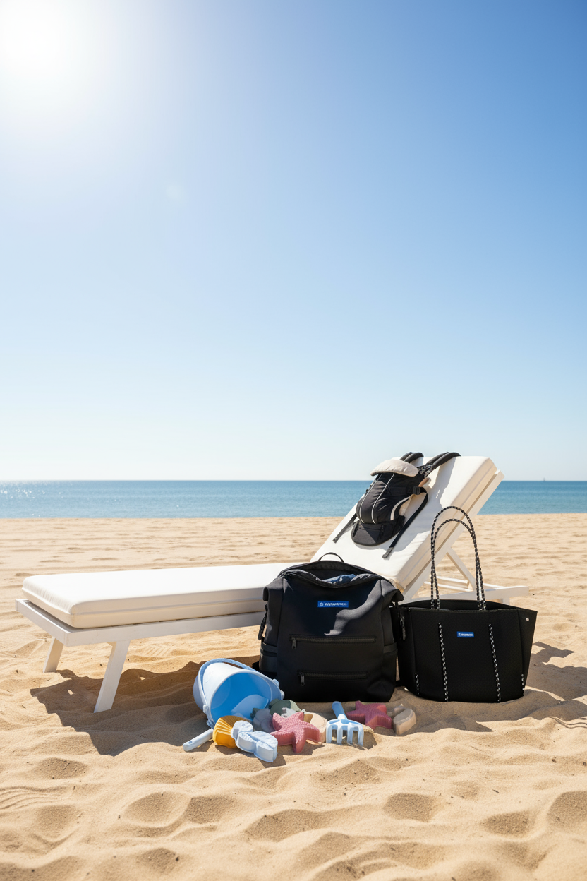 Can you use the AquarooBabyCarrier.com website to grab the product images for the Aquaroo Baby Carrier, the Aquaroo Diaper Bag, and the Aquaroo Beach Bag? Have these laying on a beach lounger at the beach with no waves, a bright sun, and some beach toys laying around.